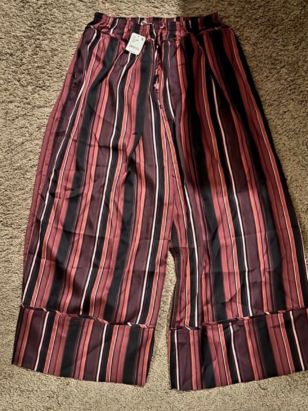 Free People Womans Wide-Leg Striped Pants in Burgundy and Black